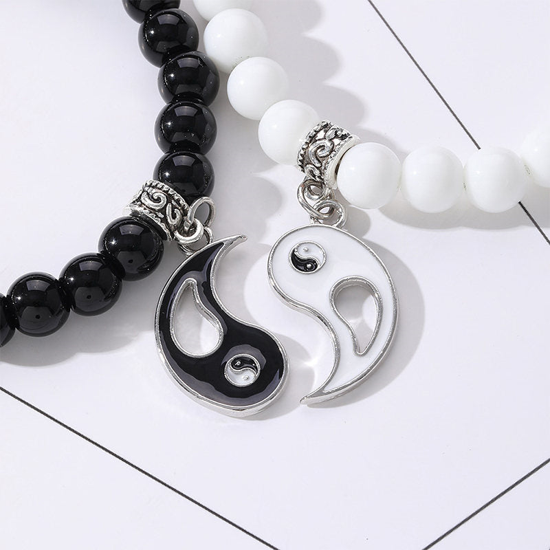 Buddha Stones 2Pcs Black Onyx White Turquoise Bead Yin Yang Protection Couple Bracelet