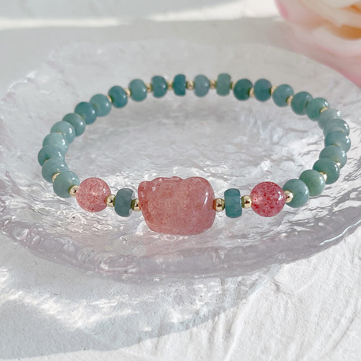 Buddha Stones Natural Hetian Jade Pearl Peace Buckle Fu Character Gourd Money Bag Strawberry Quartz PiXiu Luck Bracelet