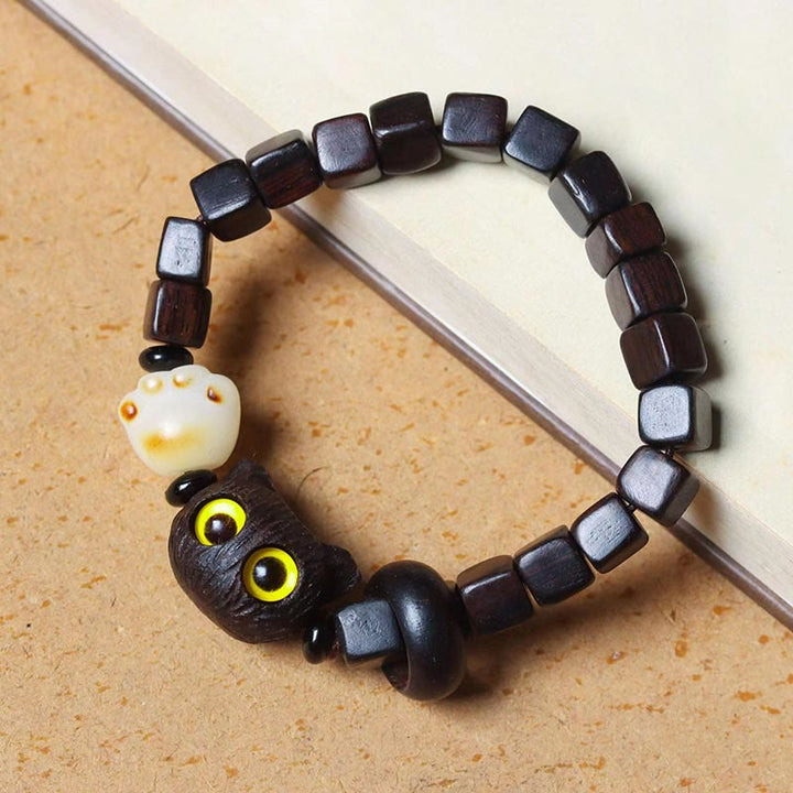 Buddha Stones Ebony Wood Cute Cat Bodhi Seed Paw Claw Square Beads Calm Bracelet