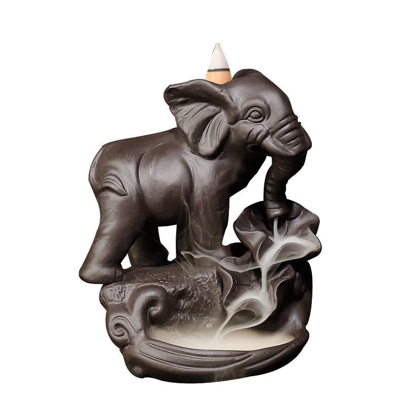 Tibetan Elephant Purple Clay Backflow Smoke Fountain Peace Healing Incense Burner Decoration