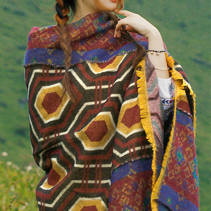 Buddha Stones Tibetan Shawl Brown Blue Red Geometric Shapes Pattern Winter Cozy Travel Scarf Wrap