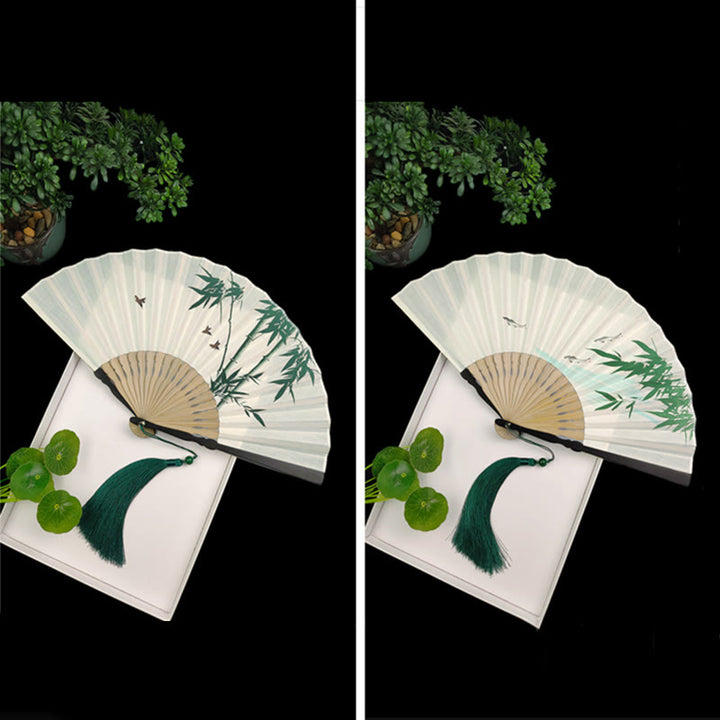 Buddha Stones Bamboo Koi Fish Crane Handheld Cotton Linen Folding Fan