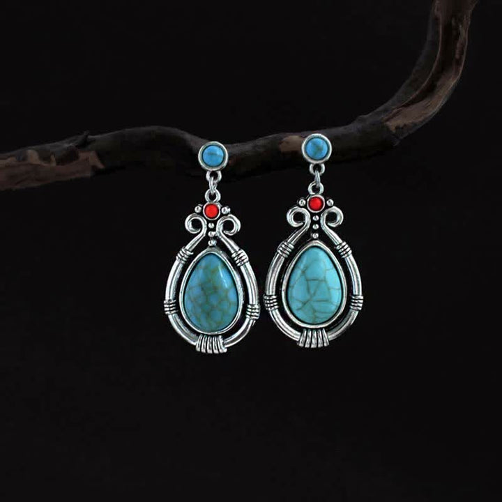 Tibet Vintage Turquoise Waterdrop Strength Drop Dangle Earrings Clips