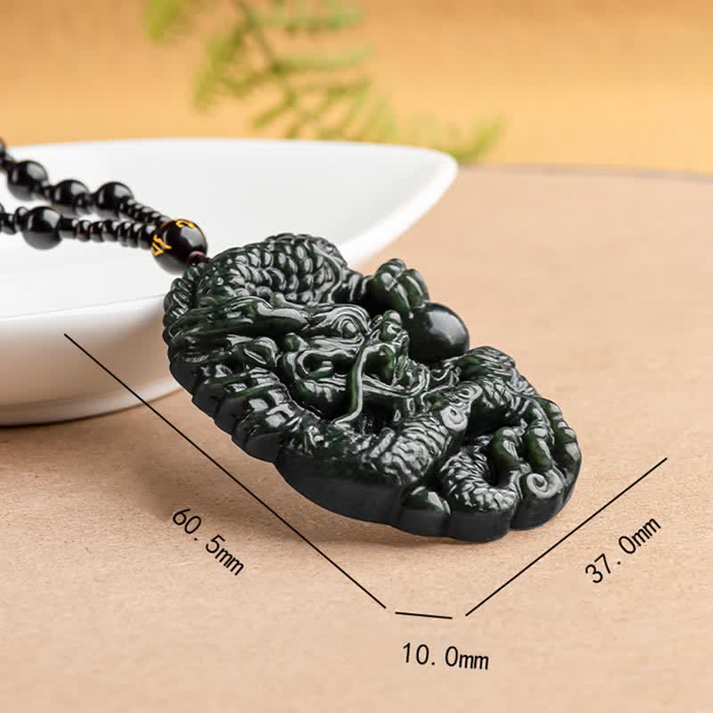 Buddha Stones Hetian Cyan Jade Dragon Success Harmony Necklace Beaded String Pendant