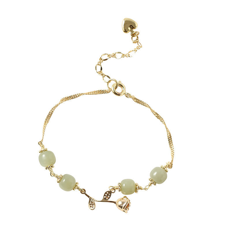 Buddha Stones 14K Gold Plated Hetian Jade Golden Rose Flower Luck Chain Bracelet