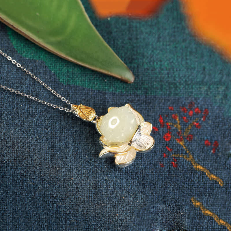 White Jade Lotus Flower Happiness Necklace