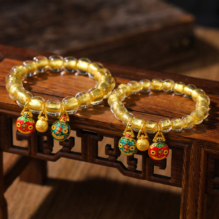 Buddha Stones Gold Swallowing Beast Family Charm Gold Foil Liuli Glass Bead Fortune Bracelet