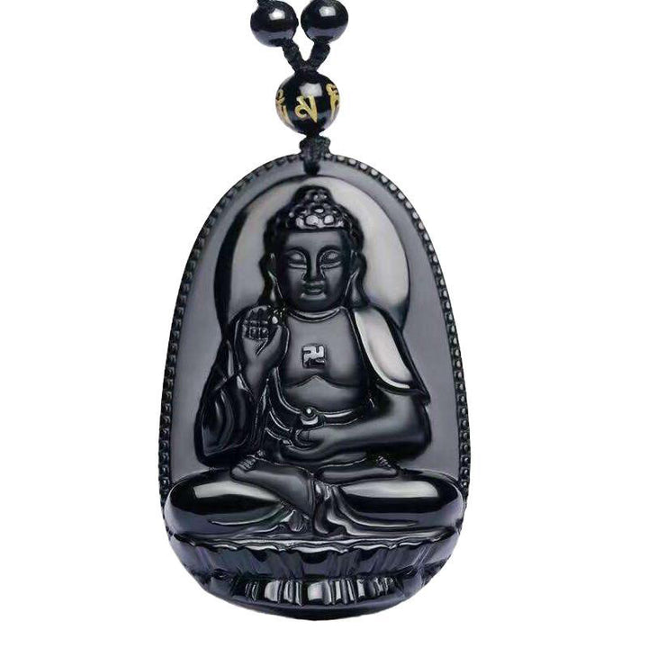 Buddha Stones Chinese Zodiac Obsidian Buddha Amulet Protection Pendant Necklace