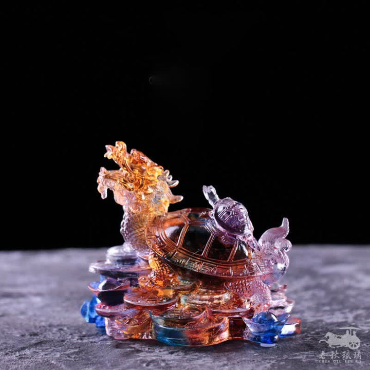 Buddha Stones Feng Shui Dragon Turtle Coins Handmade Liuli Crystal Luck Art Piece Home Office Decoration