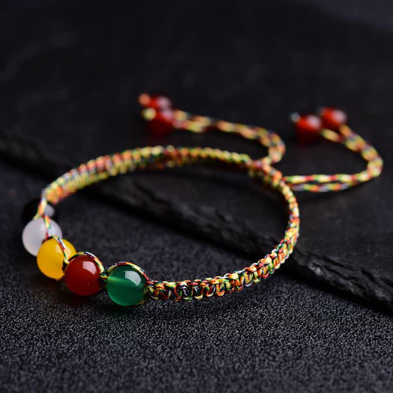 Colorful Agate Metal Wood Water Fire Earth Five Elements String Bracelet