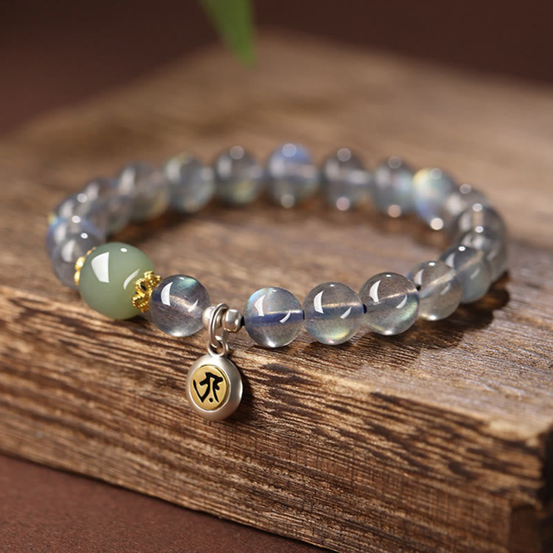 Buddha Stones Chinese Zodiac Natal Buddha 925 Sterling Silver Natural Moonstone Hetian Jade Positive Bracelet