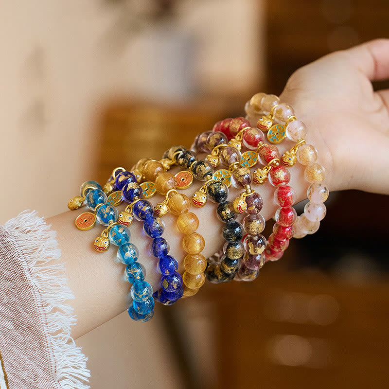 Buddha Stones Gold Swallowing Beast Copper Coin Good Luck Charm Liuli Glass Bead Fortune Bracelet