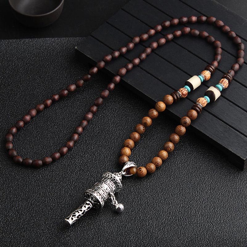 Buddha Stones Turquoise Dzi Bead Prayer Wheel Wenge Wood Meditation Necklace