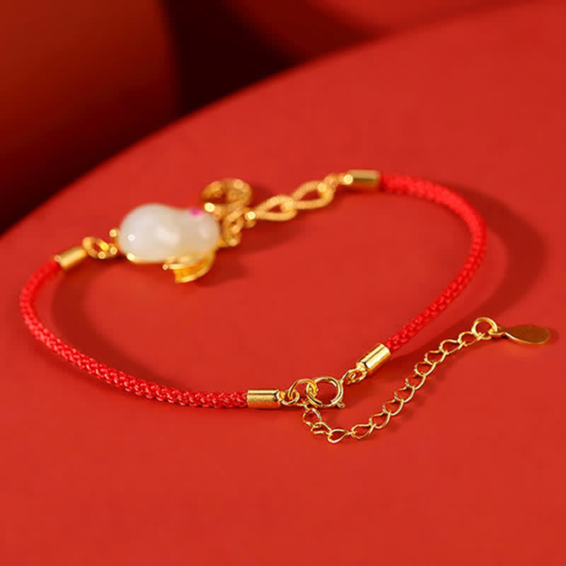 925 Sterling Silver Year of the Rabbit Hetian White Jade Luck Blessing Red String Bracelet