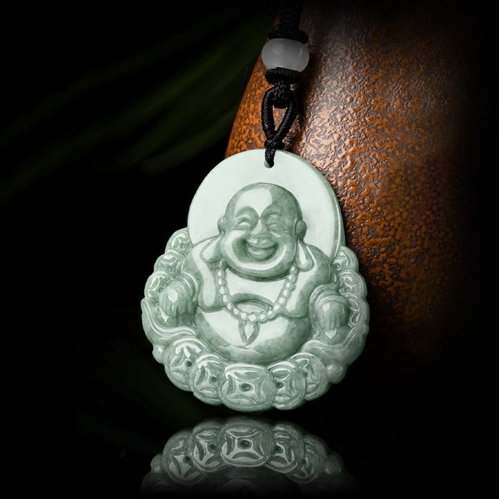 Buddha Stones Laughing Buddha Natural Jade Copper Coin Abundance Necklace Pendant