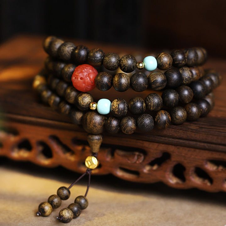 Buddha Stones 108 Mala Beads Agarwood Red Agate Turquoise Peace Meditation Bracelet