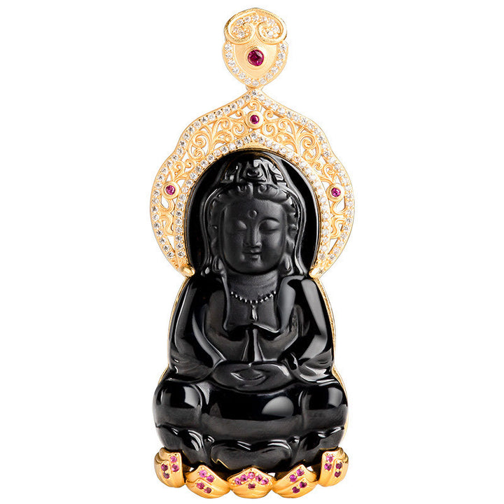 Buddha Stones 925 Sterling Silver Natural Black Jade Kwan Yin Avalokitesvara Wealth Necklace Pendant