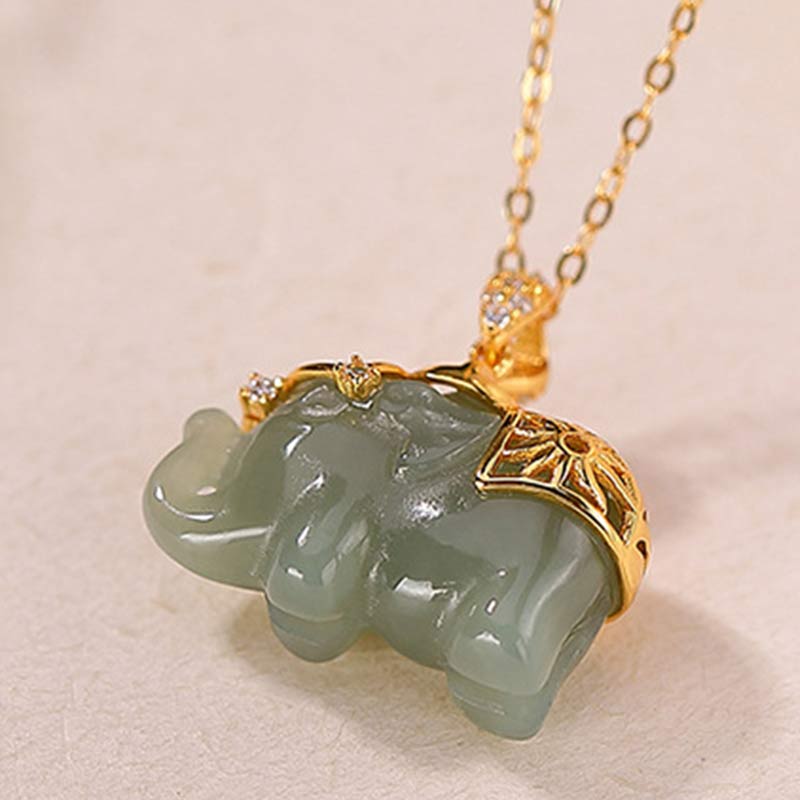 Buddha Stones 925 Sterling Silver Jade Elephant Blessing Fortune Necklace Chain Pendant