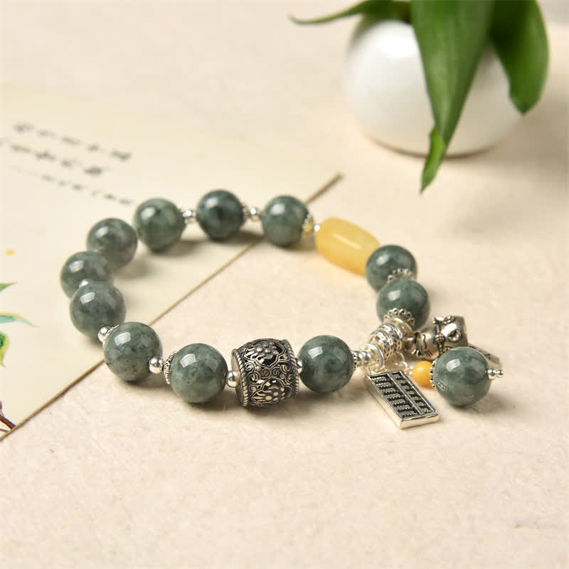 925 Sterling Silver Cyan Jade Amber Abacus Lucky Cat Success Bracelet