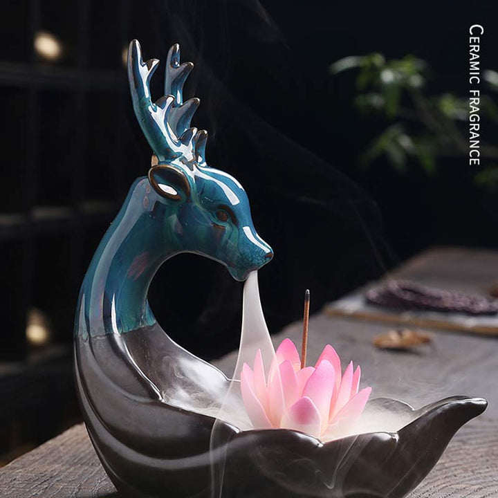 Buddha Stones Little Deer Ceramic Lotus Meditation Incense Burner Decoration