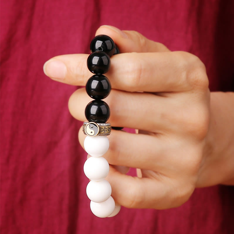 Buddha Stones 925 Sterling Silver Black Obsidian White Shell Yin Yang Strength Bracelet