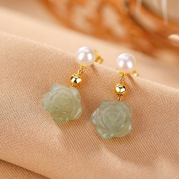 Buddha Stones 925 Sterling Silver Plated Gold Jade Rose Flower Cyan Jade Pearl Luck Earrings