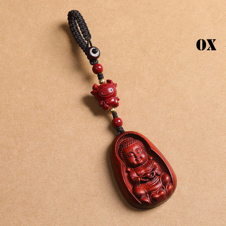 Buddha Stones Small Leaf Red Sandalwood Buddha Cinnabar Chinese Zodiac Amulet Protection Key Chain