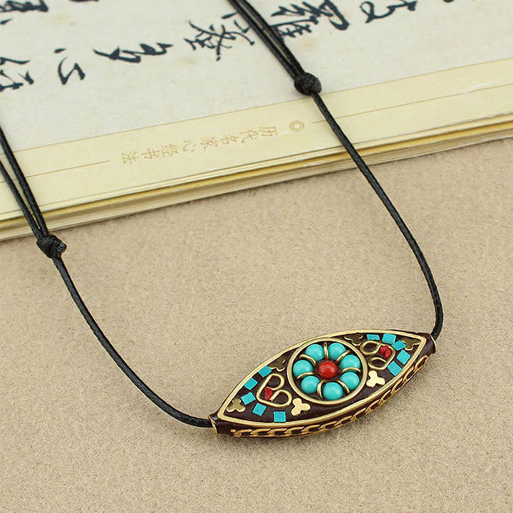 Buddha Stones Tibet Turquoise Bead Marquise Pattern Protection Strength Necklace Pendant