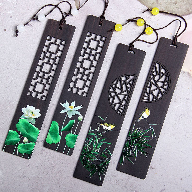 Buddha Stones Green Lotus Bamboo Oriole Ebony Wood Bookmarks With Gift Box