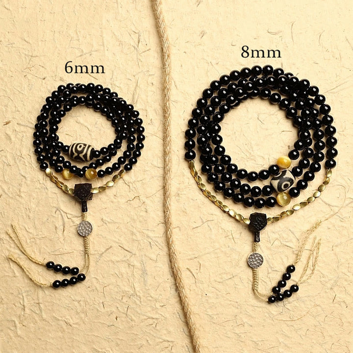 Tibetan 108 Mala Beads Black Onyx Three-eyed Dzi Beads Protection Bracelet