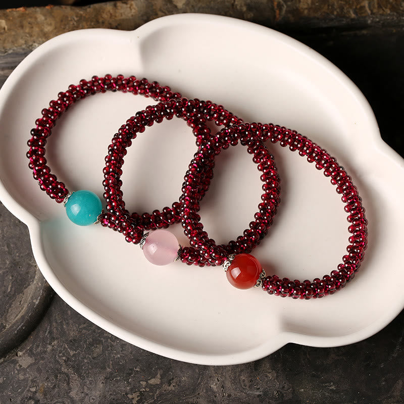 Buddha Stones Natural Garnet Pink Crystal Red Agate Amazonite Bead Protection Bracelet