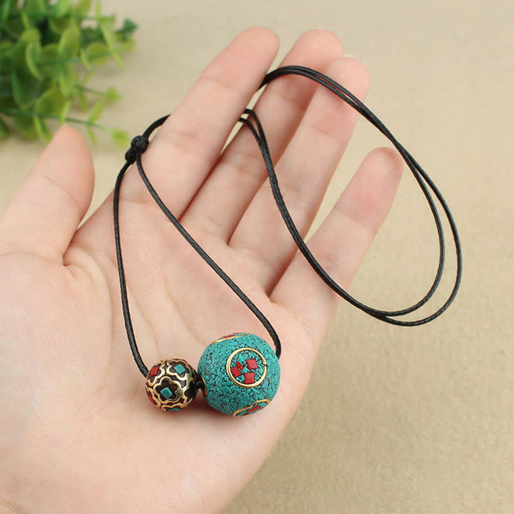 Buddha Stones Tibetan Turquoise Double Bead Protection Strength Necklace Pendant