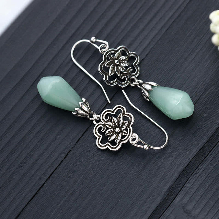 Buddha Stones Magnolia Flower Jade Water Drop Prosperity Dangle Earrings