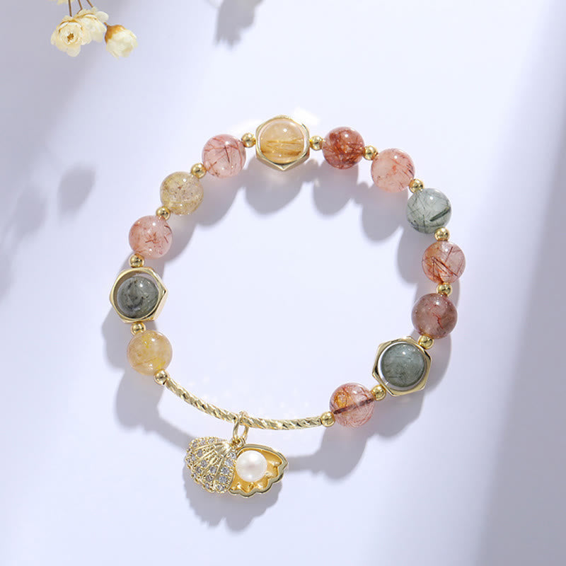 Buddha Stones Natural Colorful Rutilated Quartz Shell Protection Bead Bracelet