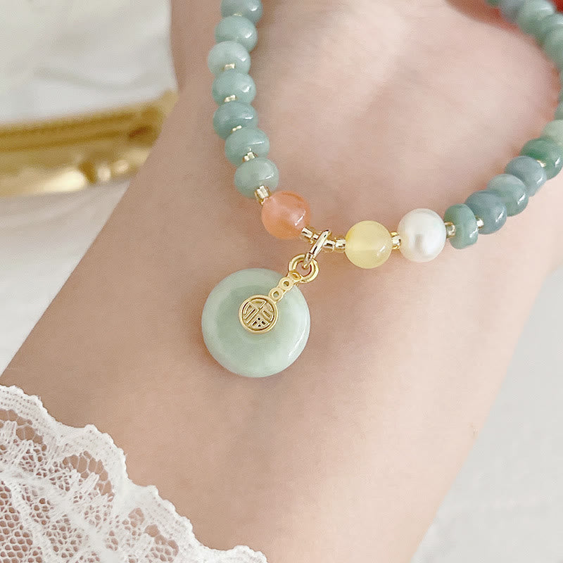 Buddha Stones Natural Hetian Jade Pearl Peace Buckle Fu Character Gourd Money Bag Strawberry Quartz PiXiu Luck Bracelet