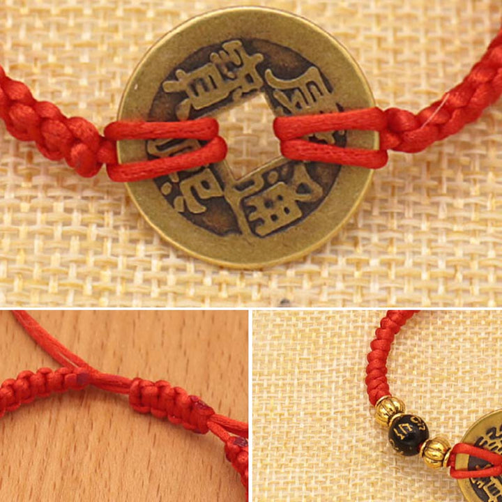 Buddha Stones Copper Coin Fortune Red String Weave Bracelet