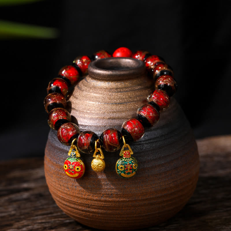 Gold Swallowing Beast Family Colorful Cinnabar Bead Bracelet