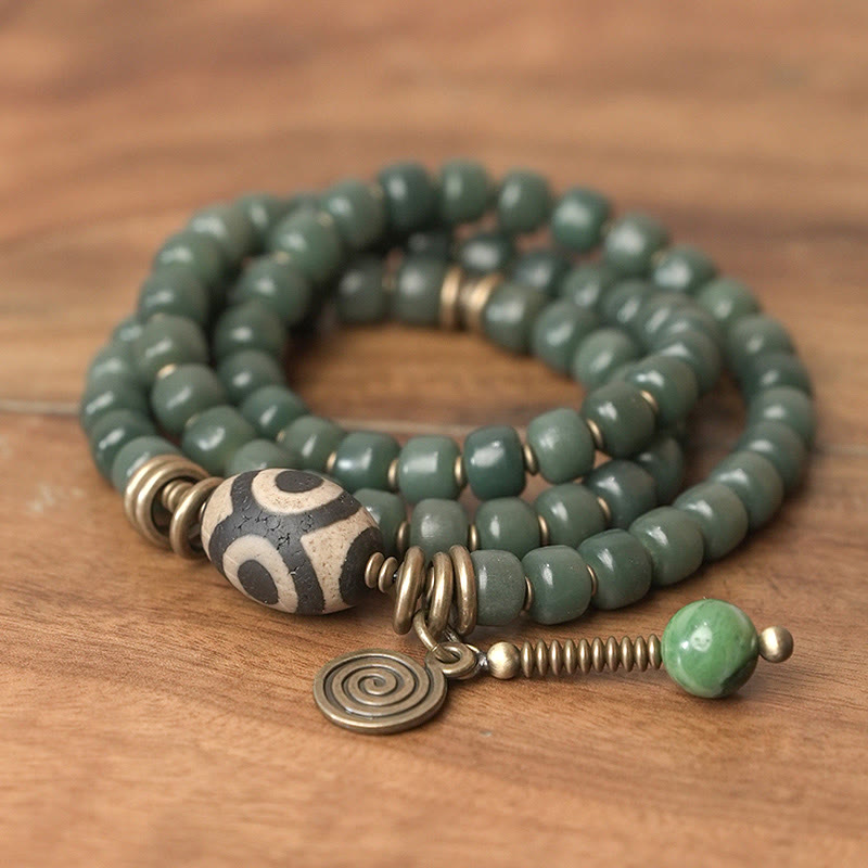 Cyan Bodhi Seed Dzi Bead Wisdom Peace Triple Wrap Bracelet