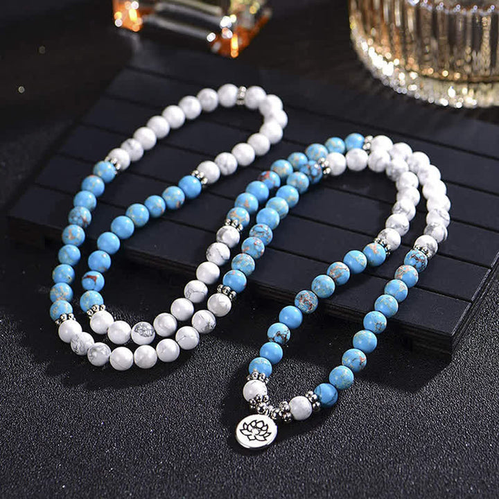 108 Mala Beads White Turquoise Emperor Stone Lotus Blessing Bracelet