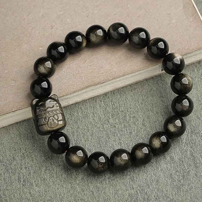 Buddha Stones Gold Sheen Obsidian Silver Sheen Obsidian Lovely Paw Lucky Cat Protection Bracelet