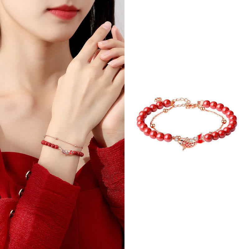 Buddha Stones 925 Sterling Silver Lucky Koi Fish Cinnabar Zircon Prosperity Double Layer Chain Bracelet