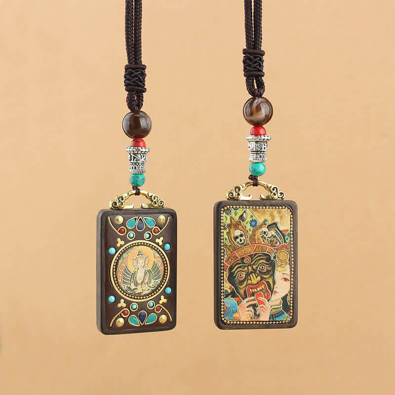 Buddha Stones Tibet God of Wealth Thangka Ebony Peace Necklace Pendant