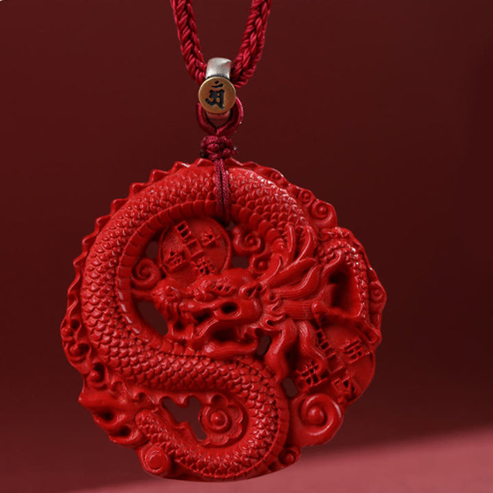 Buddha Stones Year of the Dragon 925 Sterling Silver Natural Cinnabar Copper Coin Luck Necklace Pendant