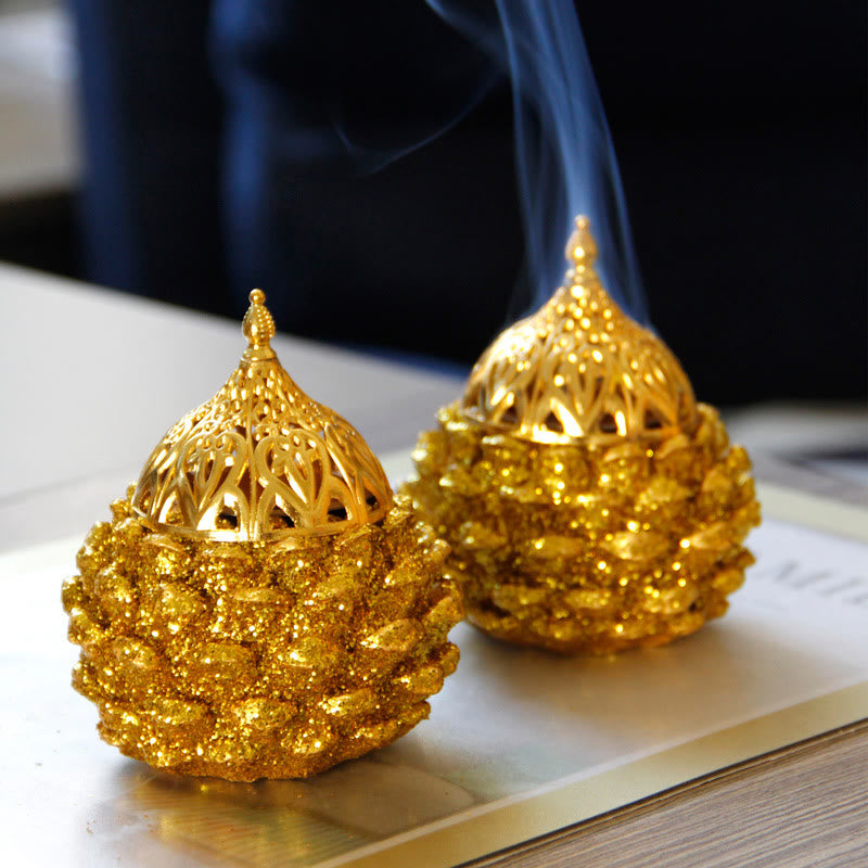 Gold Pine Cone Pattern Spiritual Rituals Mini Incense Burner Home Tabletop Decor