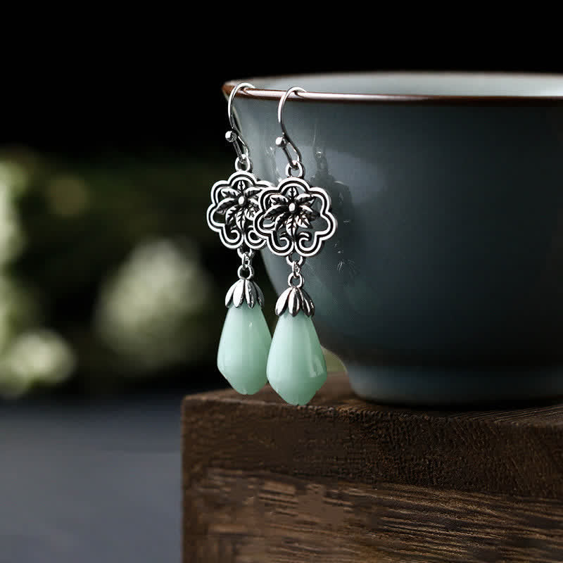 Buddha Stones Magnolia Flower Jade Water Drop Prosperity Dangle Earrings