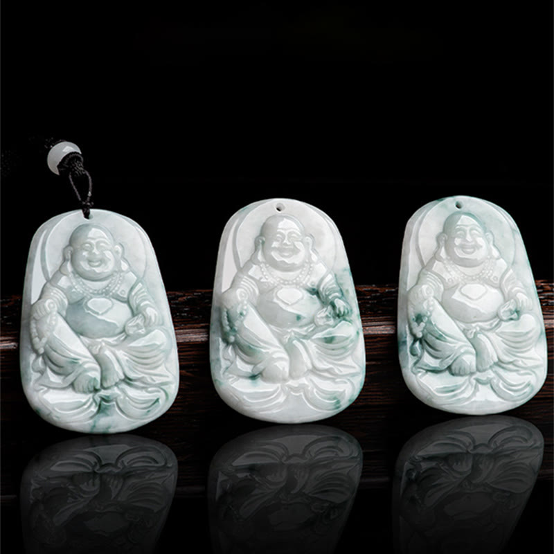 Buddha Stones Natural Jade Laughing Buddha Maitreya Buddha Luck String Necklace Pendant