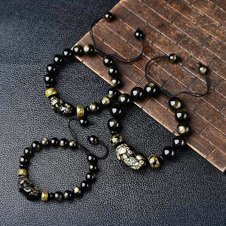 Buddha Stones Natural Gold Sheen Obsidian PiXiu Om Mani Padme Hum Wealth Braided Bracelet