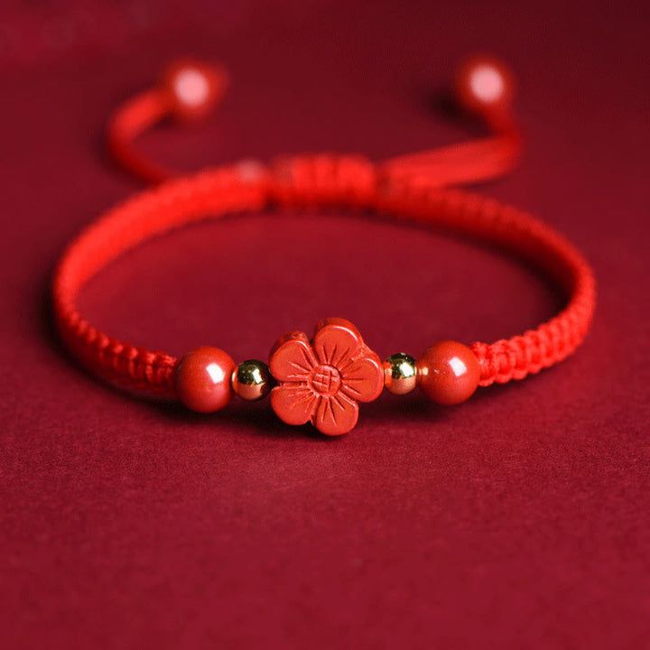 Buddha Stones Four Leaf Clover Five-petal Flower Cinnabar Blessing Red String Bracelet