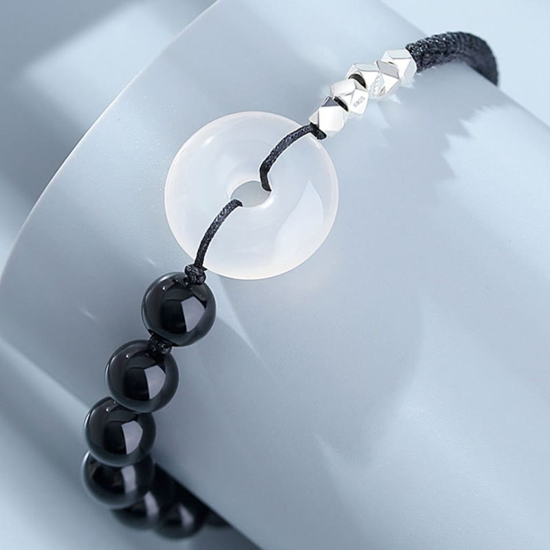 Buddha Stones 925 Sterling Silver Black Obsidian Agate Peace Buckle Strength Bracelet