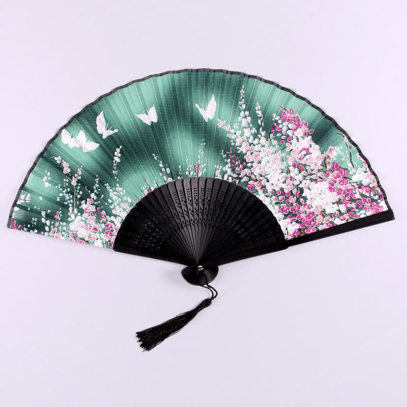 Buddha Stones Butterfly Flowers Handheld Bamboo Folding Fan